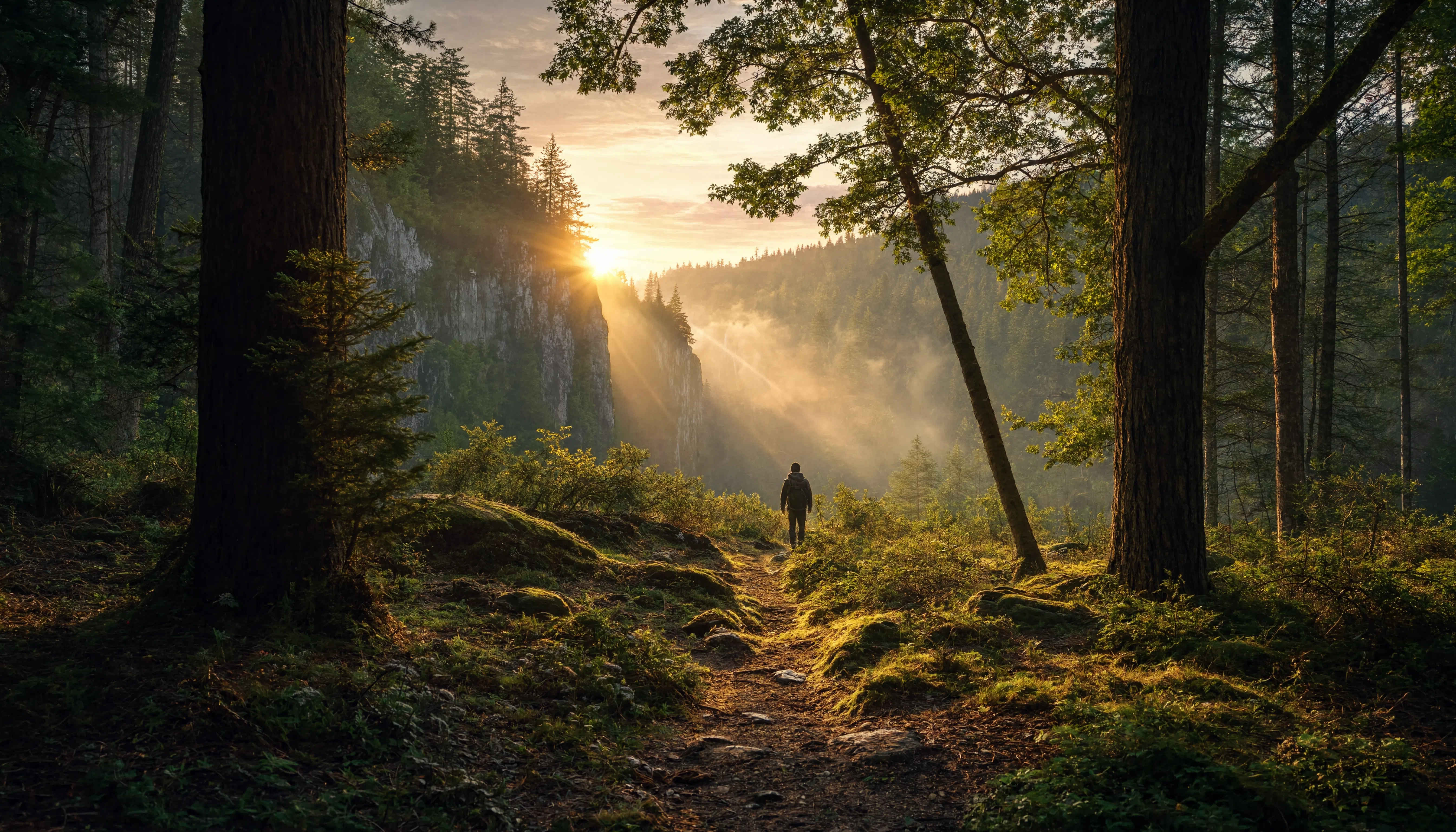Sonnenaufgang über deutschem Wald mit Lichtdurchbruch und Nebel im Tal
