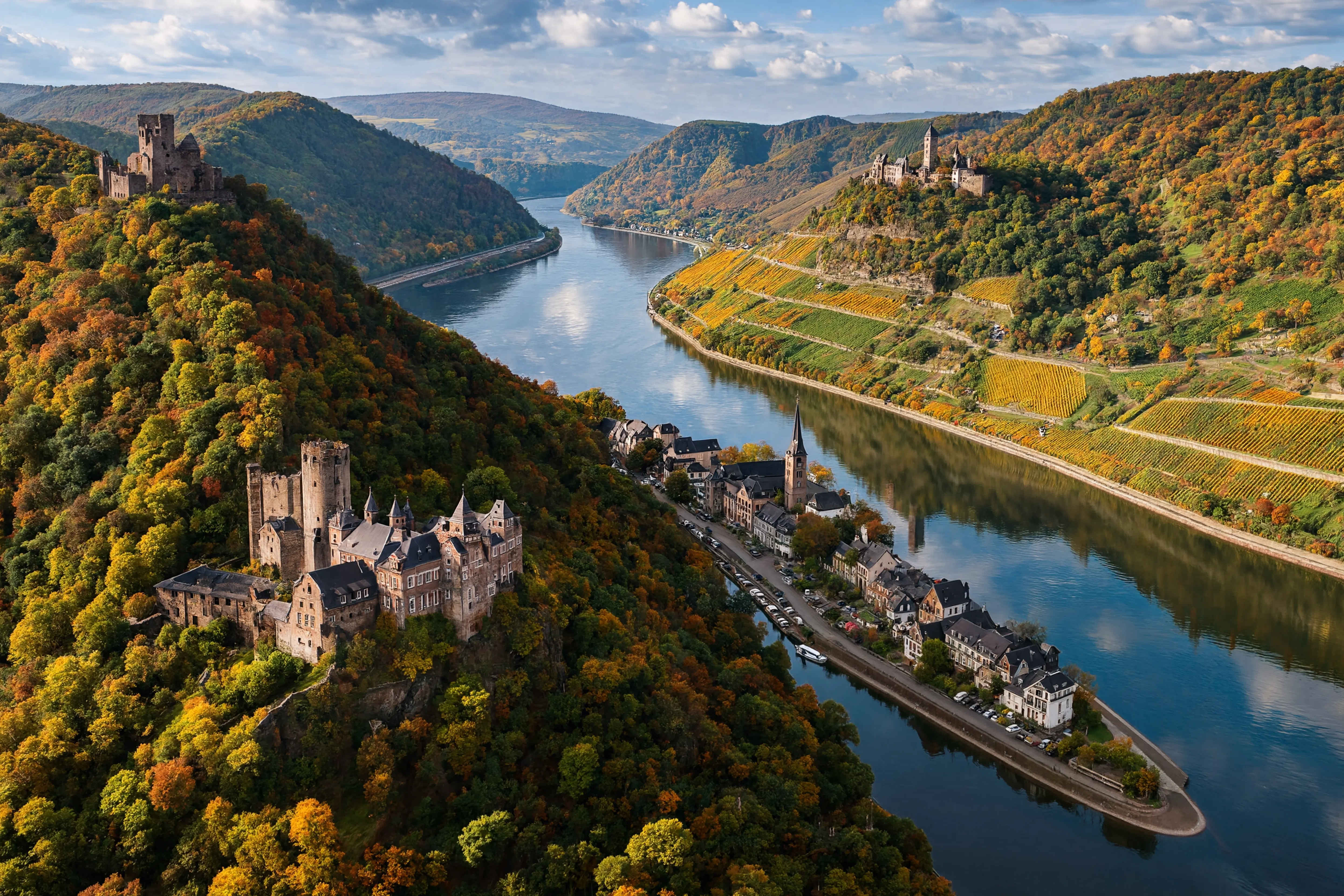 Rheintal mit mittelalterlichen Burgen und goldenen Weinbergen im Herbst